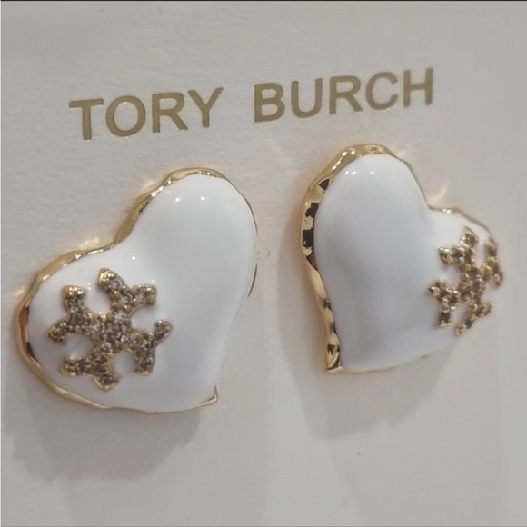Tory Burch Gold and White enamel Heart stud Earrings - Picture 3 of 5